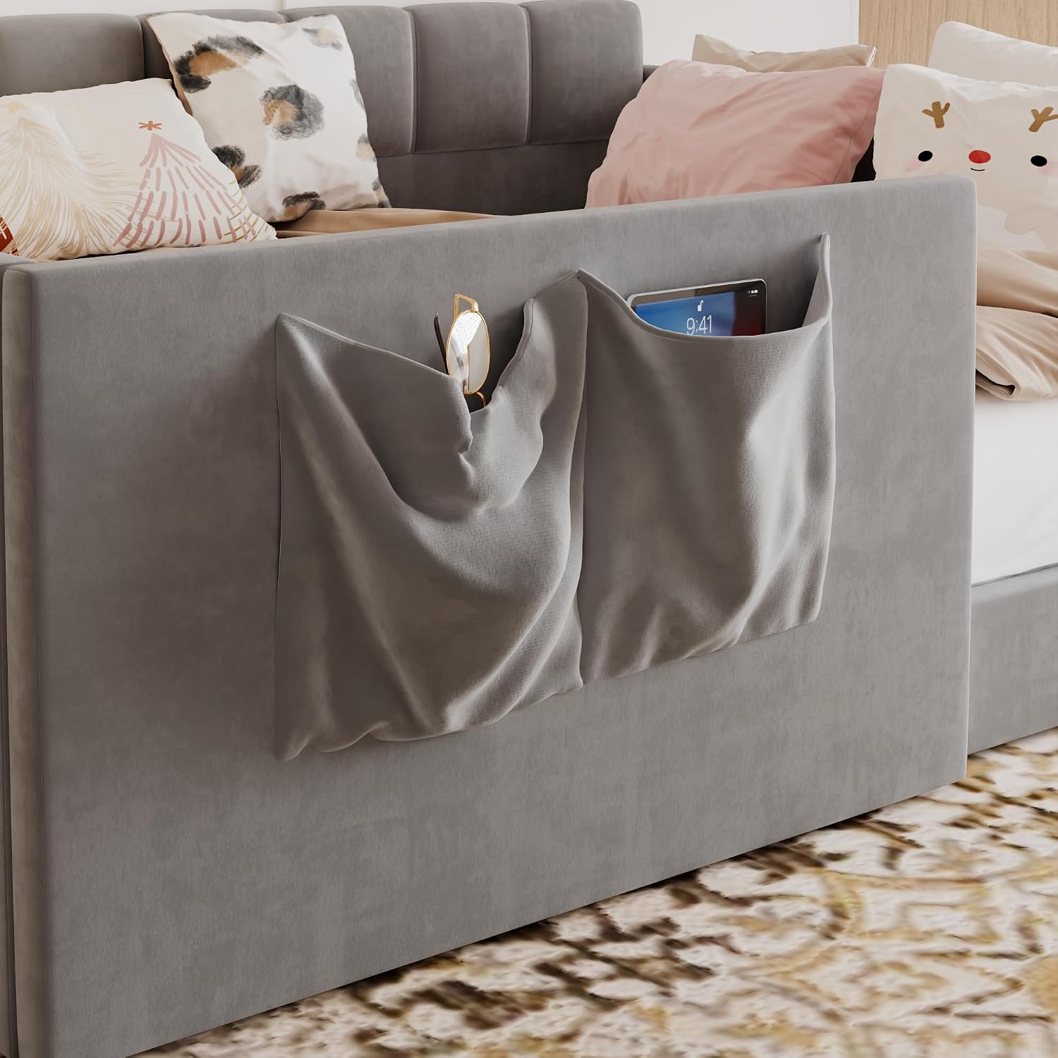 Full Size Upholstered Montessori Bed with Guardrail and Storage Pockets, Velvet Soft Floor Daybed with High Side Panels and Entrance for Kids Boys Girls, Gray