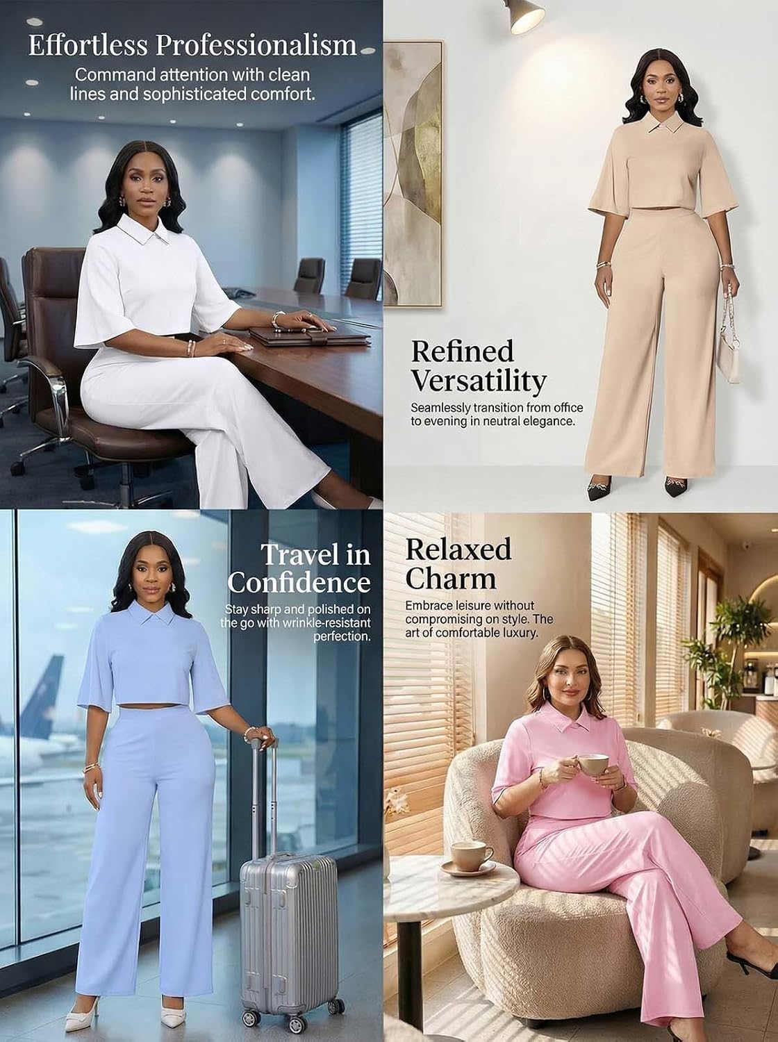 acelyn 2 Piece Pant Sets for Women Dressy 3/4 Sleeve Lapel Neck Top Wide Leg Pantsuits Business Casual Outfits