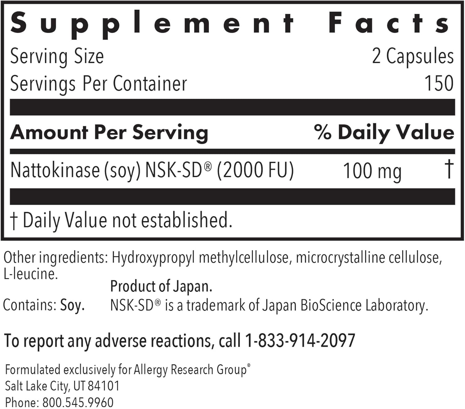 Allergy Research Group ARG Nattokinase 50 mg - Supplement to Support Healthy Circulation - Delivers 50 mg Nattokinase NSK-SD from Fermented Soybeans per Serving - 150 Servings - 300 Capsules