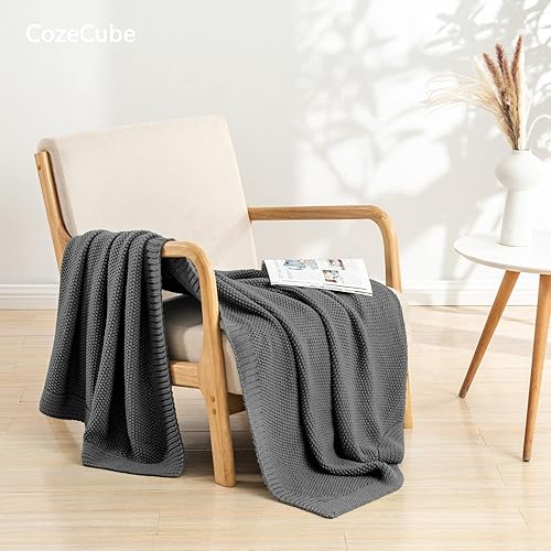 Miniatura 2 de CozeCube Manta gris oscuro para sofá, manta de punto trenzado suave y acogedora para cama, sofá, sala de estar, manta decorativa ligera y cálida de