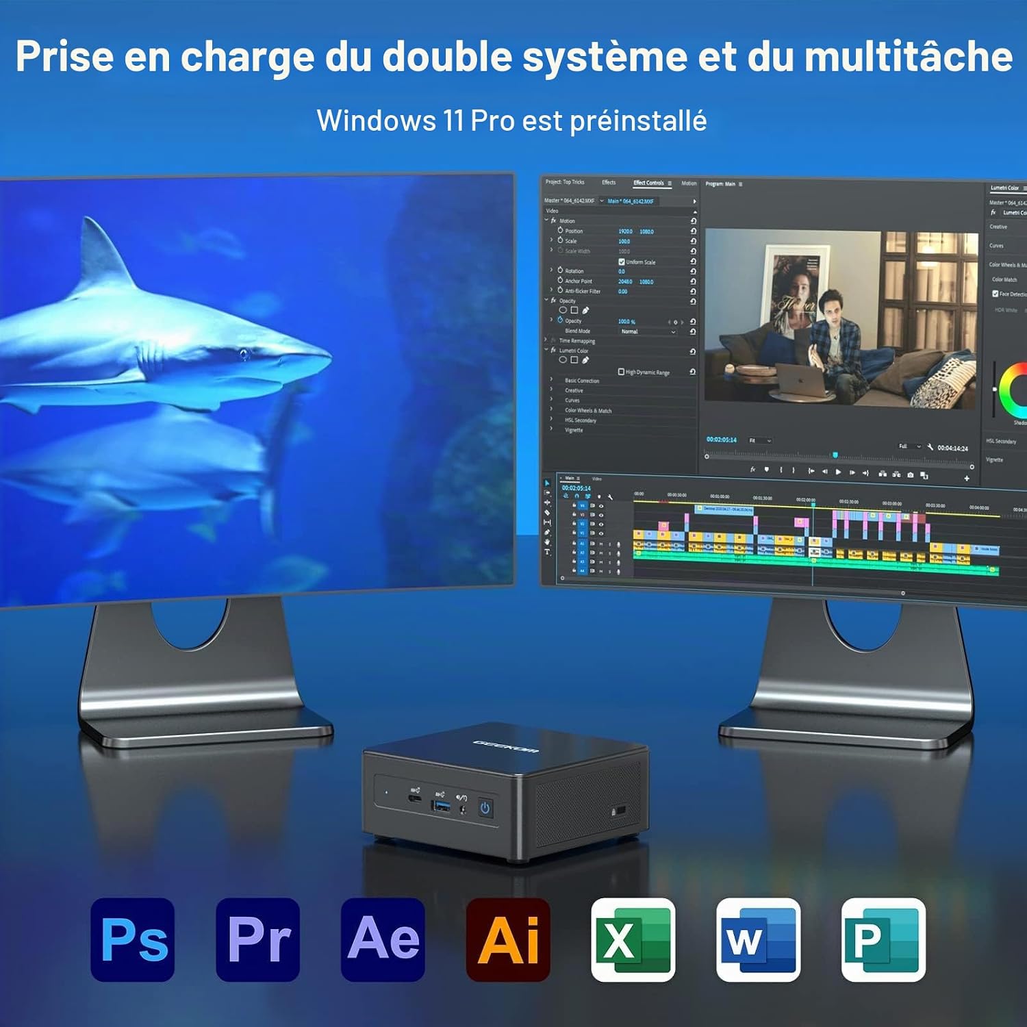 GEEKOM Mini PC IT8 SE running multiple applications across two monitors, showcasing its multitasking capabilities for creative and professional use.