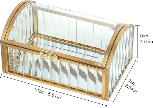 Gold Jewelry Trinket Box, Glass Decorative Box Storage for Cosmetic Bracelet Necklace Ring Watch-Large