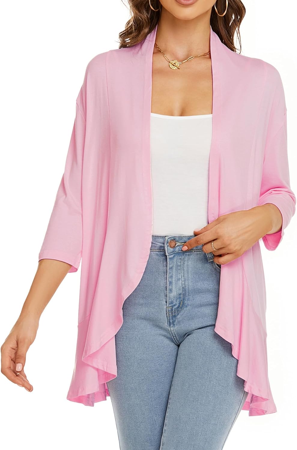 YnimioAOX Women's Cardigan Lightweight Open Front 3/4 Sleeves Draped Ruffles Knit Cardigan Sweaters - Image 3