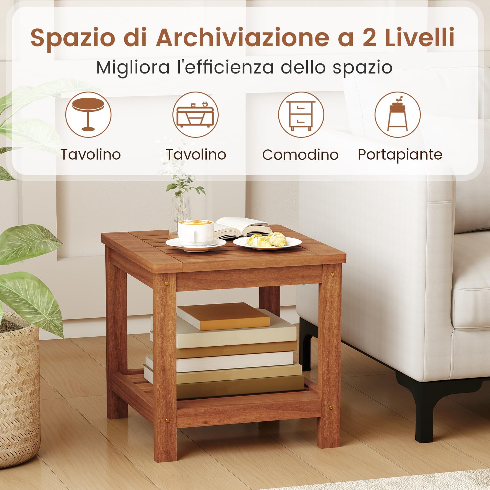 COSTWAY Tavolino Laterale da Esterno a 2 Livelli, Tavolino da Caffè in Legno Massello con Ripiano Portaoggetti, Tavolo Quadrato in Stile Rustico per Patio, Giardino, Veranda e Soggiorno