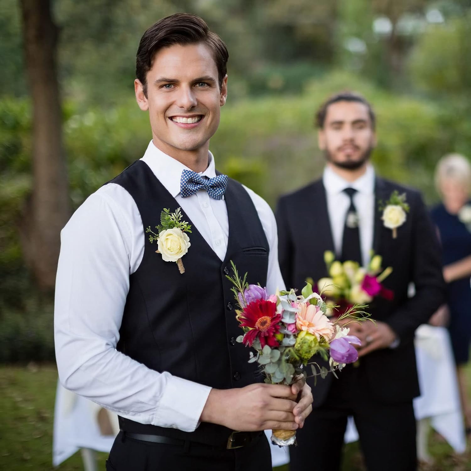 Sherr 60 Pcs White Rose Boutonniere for Men Wedding Corsage Rose Groom and Groomsmen Boutonniere with Artificial Flower for Rustic Vintage Wedding Ceremony Anniversary Dinner Prom Party