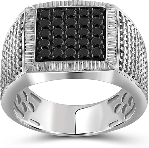JEWELEXCESS Anillos de diamante negro para hombre 1CTTW Anillo de diamante negro genuino para hombre Anillo de plata de ley hipoalergénico Anillo