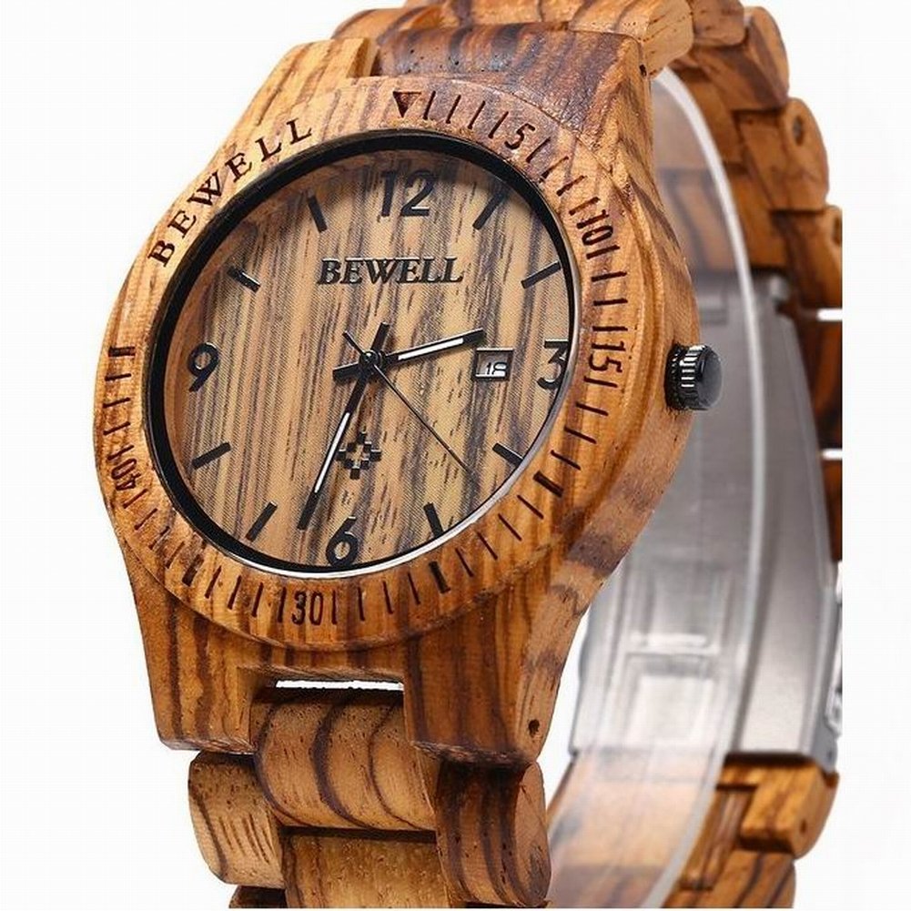 Bewell W086B - Orologio analogico al quarzo, leggero, realizzato a mano, in legno