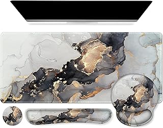 iCasso Mouse Mat Set, Gaming Mouse Pad with Wrist Support, 4in1 Large Mouse mat + Keyboard Wrist Rest+Mouse Wrist Rest+Coaster Set with Ergonomic Design for Home Office（Grey Ink Marble)