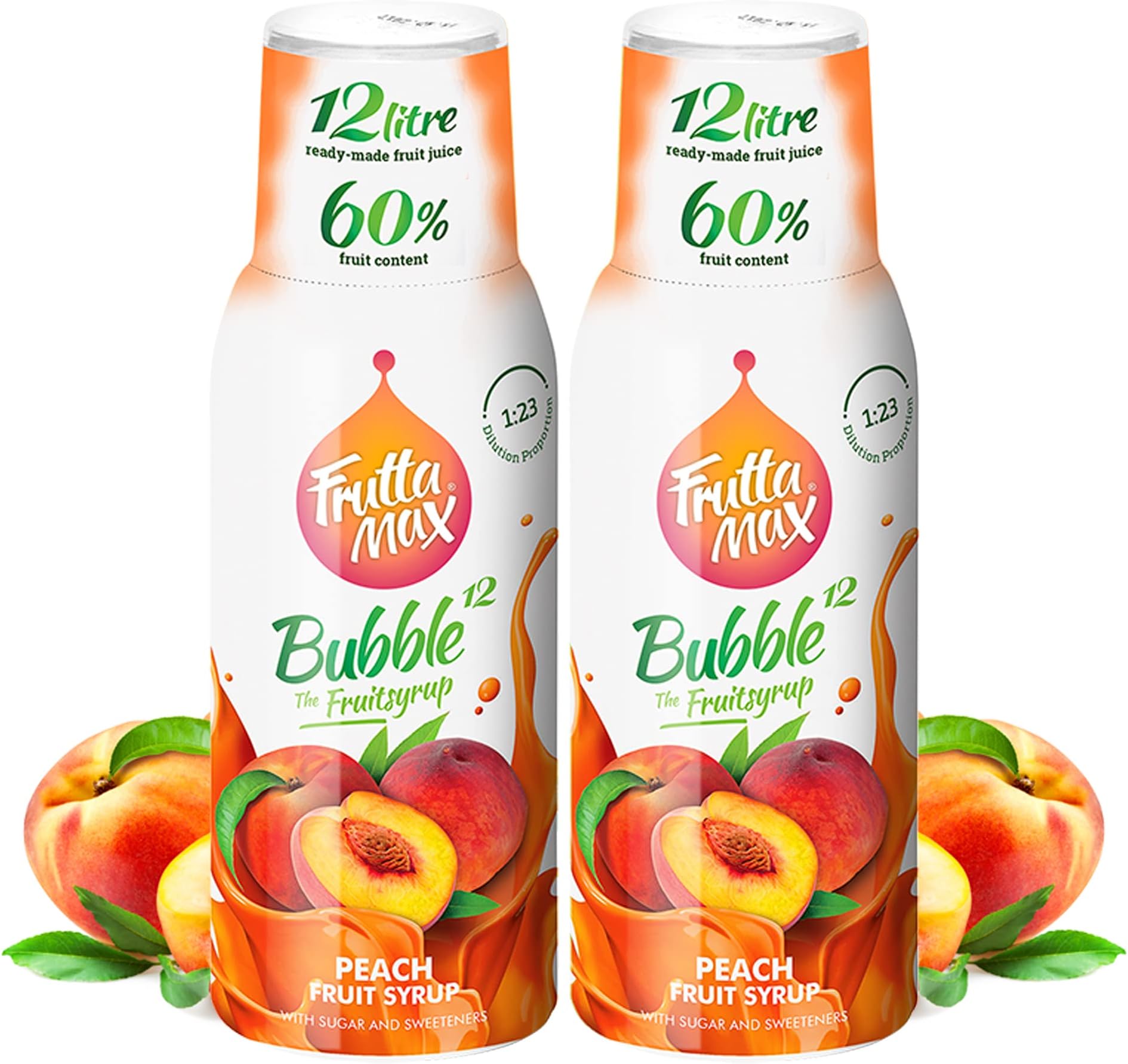 2 Pack - FruttaMax Peach Syrup | Less Sugar | 60% Real Fruit Concentrate | Suitable for soda Machine 2x500ml