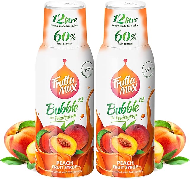 2 Pack - FruttaMax - Koncentrat Syropu Owocowego | Mniej cukru | z 60% zawartością owoców | Nadaje się do automatu sodowego (2 x 500 ml) (2 x Brzoskwinia)