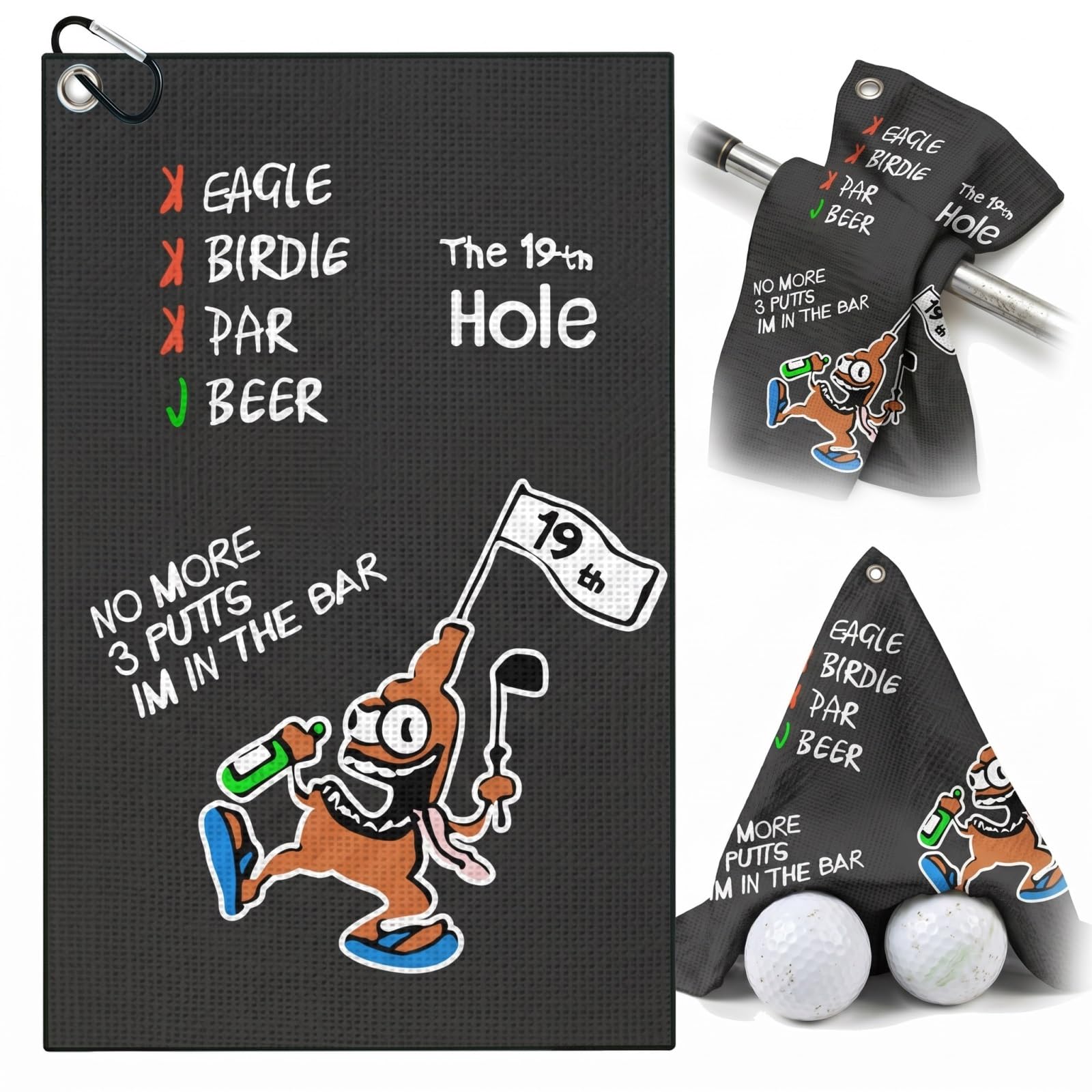 TUKRKRS No More 3 Putts Funny Golf Towel with Hook - 15.75"x23.62" for Golf Buddies - Quick Dry Microfiber Absorbent for Clubs Balls - I'm In The Bar
