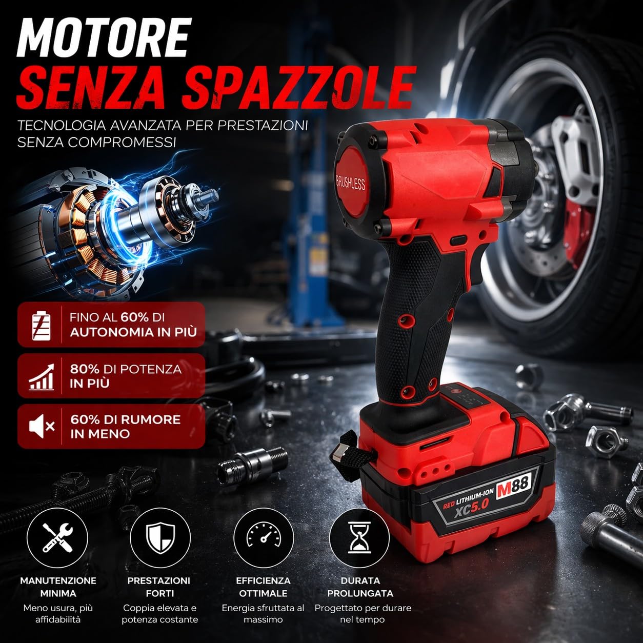 Avvitatore a Impulsi a Batteria 88V 5Ah 350Nm 2400RPM con Attacco Quadro da 1/2" con Motore Brushless e Luce Led Integrata 3 Velocità con 2 Batterie per Auto e Officina