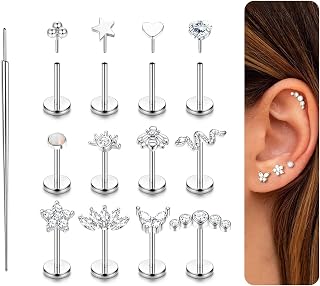 14K Gold Plated Push in Stud Earrings, 316L Surgical Steel Flat Back Earrings Threadless Tragus Helix Cartilage Conch Nose Piercing Jewelry Hypoallergenic Ear Piercing for Women 20G 18G 16G