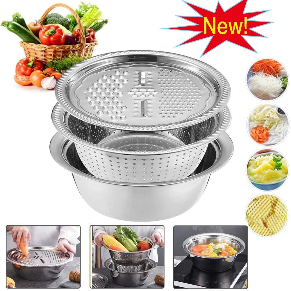 New 3 in 1 Stainless Steel Basin With Grater Vegetable Cutter Julienne Grater with Drain Basket Multifunctional Vegetable Fruits Washing Bowl Set Strainer for Washing Vegetable Kitchen Tool
