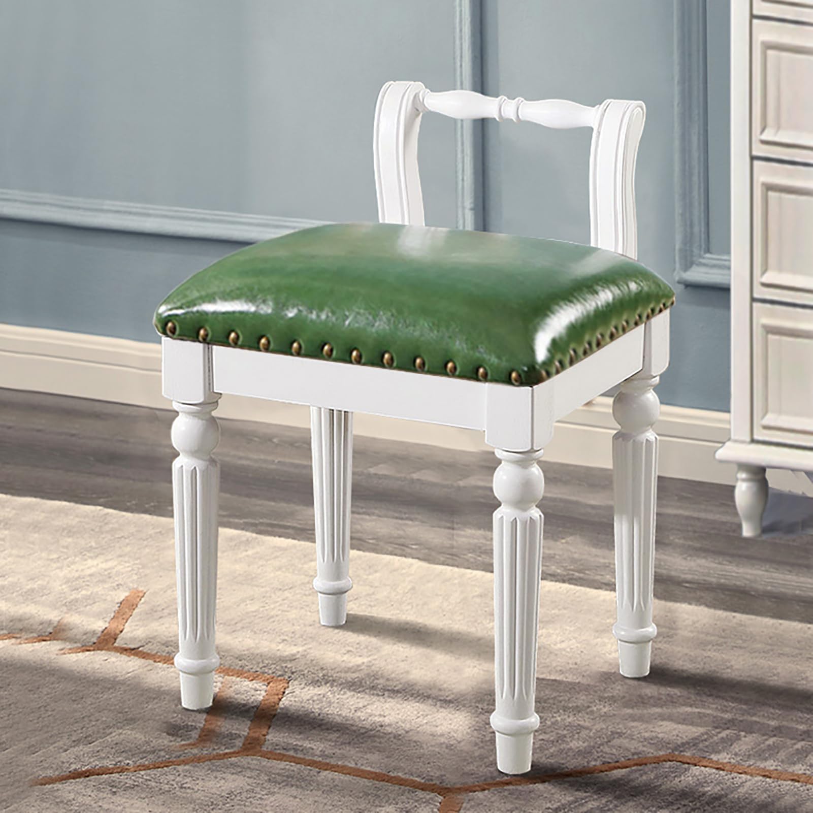 Taburete de tocador vintage acolchado con patas de madera maciza para mesa de maquillaje
