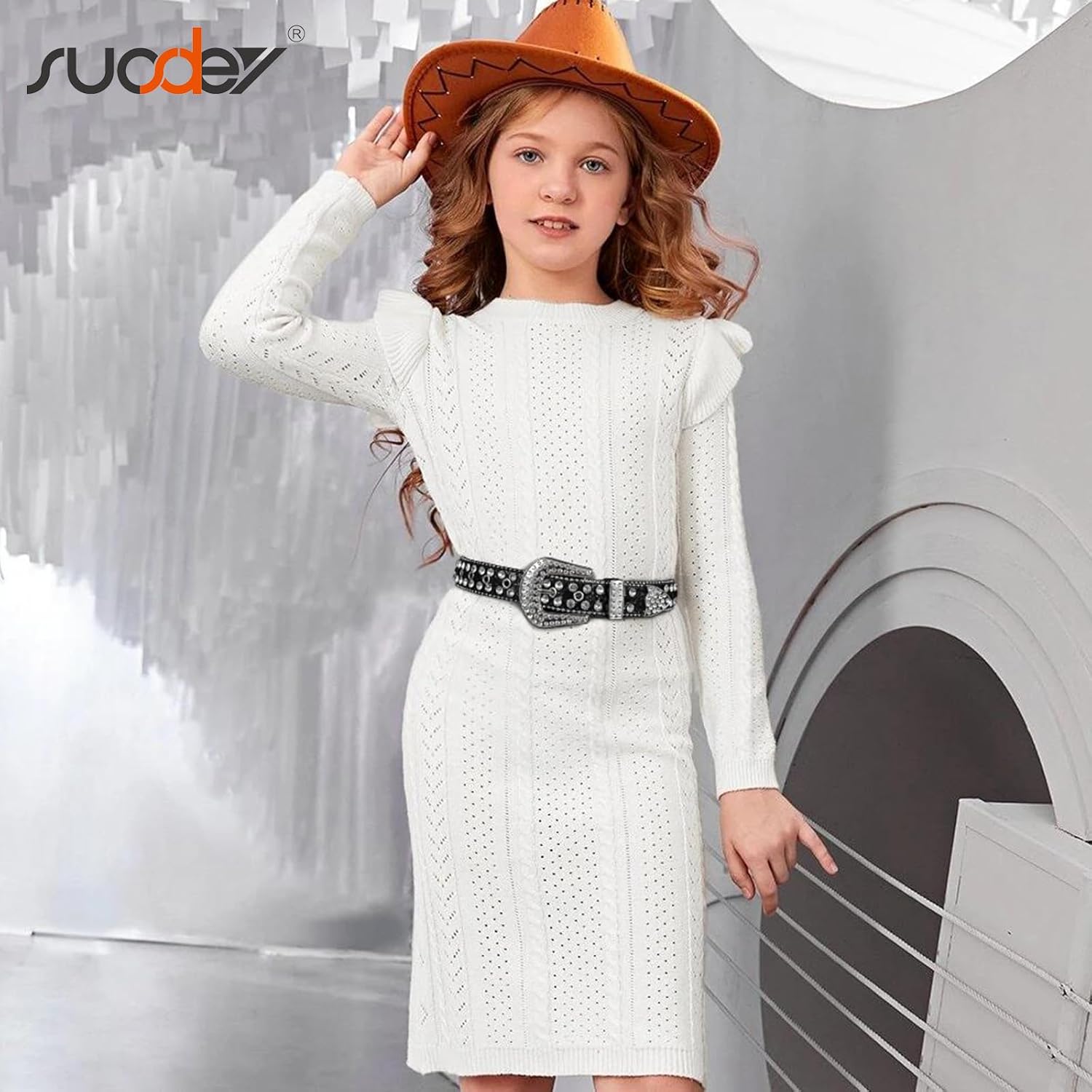 SUOSDEY Kids Rhinestone Western Belt for Girls Boys, Cowboy Cowgirl Diamond Studded Bling Leather Belt - Image 5