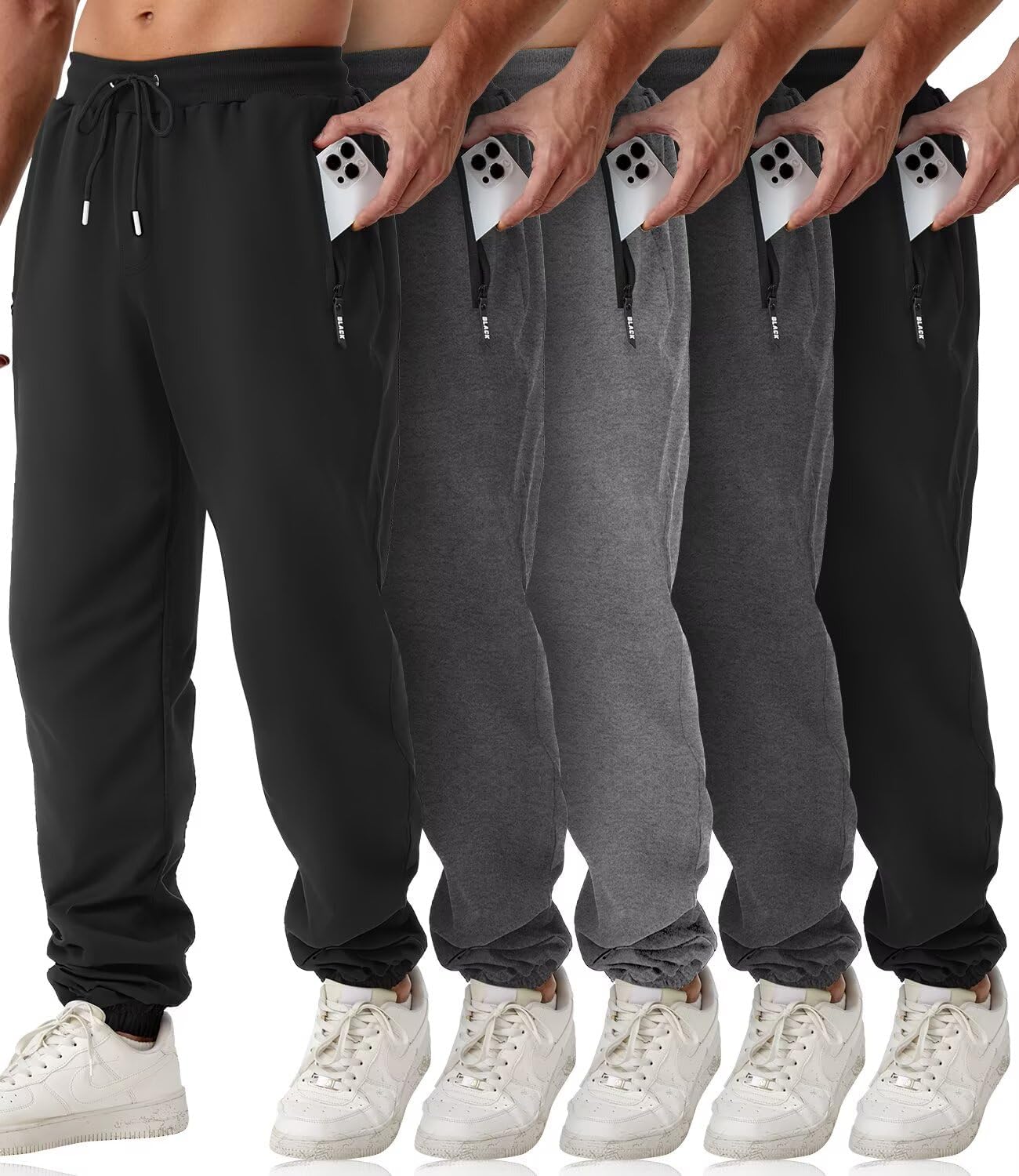 OZYJD Mens Sweatpants with Zipper Pockets 5 Pack Athletic Joggers for Men Warm Slim Fit Track Workout Running Sweat Pants