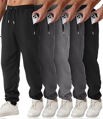 Mens Sweatpants with Zipper Pockets 5 Pack Athletic Joggers for Men Warm Slim Fit Track Workout Running Sweat Pants