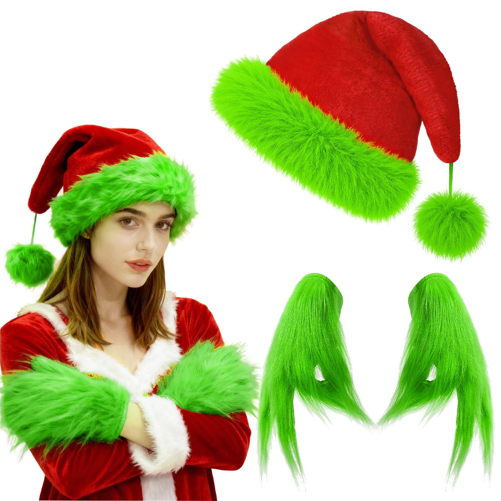 Christmas Santa Hat Green Monster Furry Gloves for Adults Halloween Cosplay