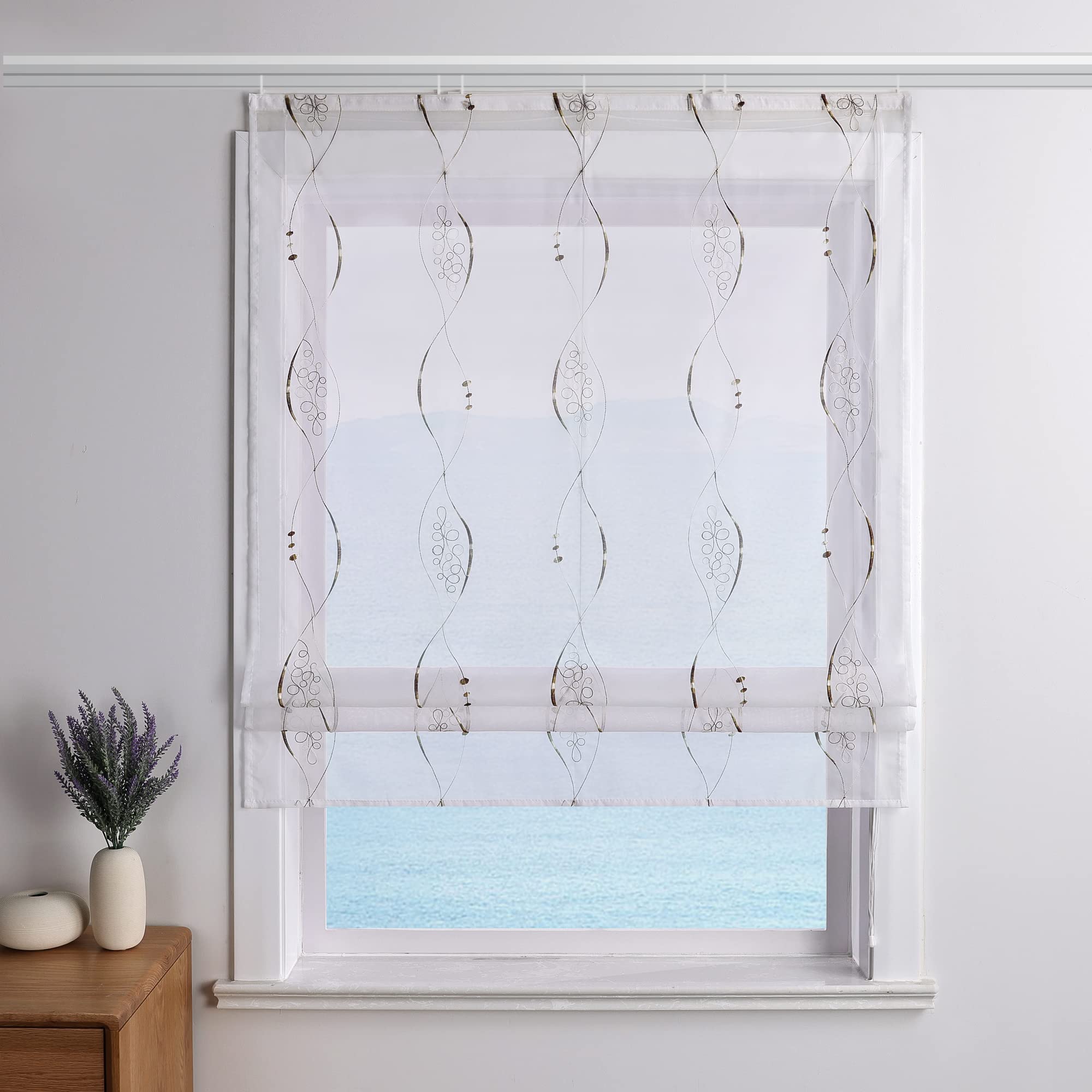 ESLIR Raffrollo Weiß Raffgardine mit Klettband Gardinen Küche Transparent Bändchenrollo Voile Bestickt Landhausstil Braun BxH 140x140cm 1 Stück