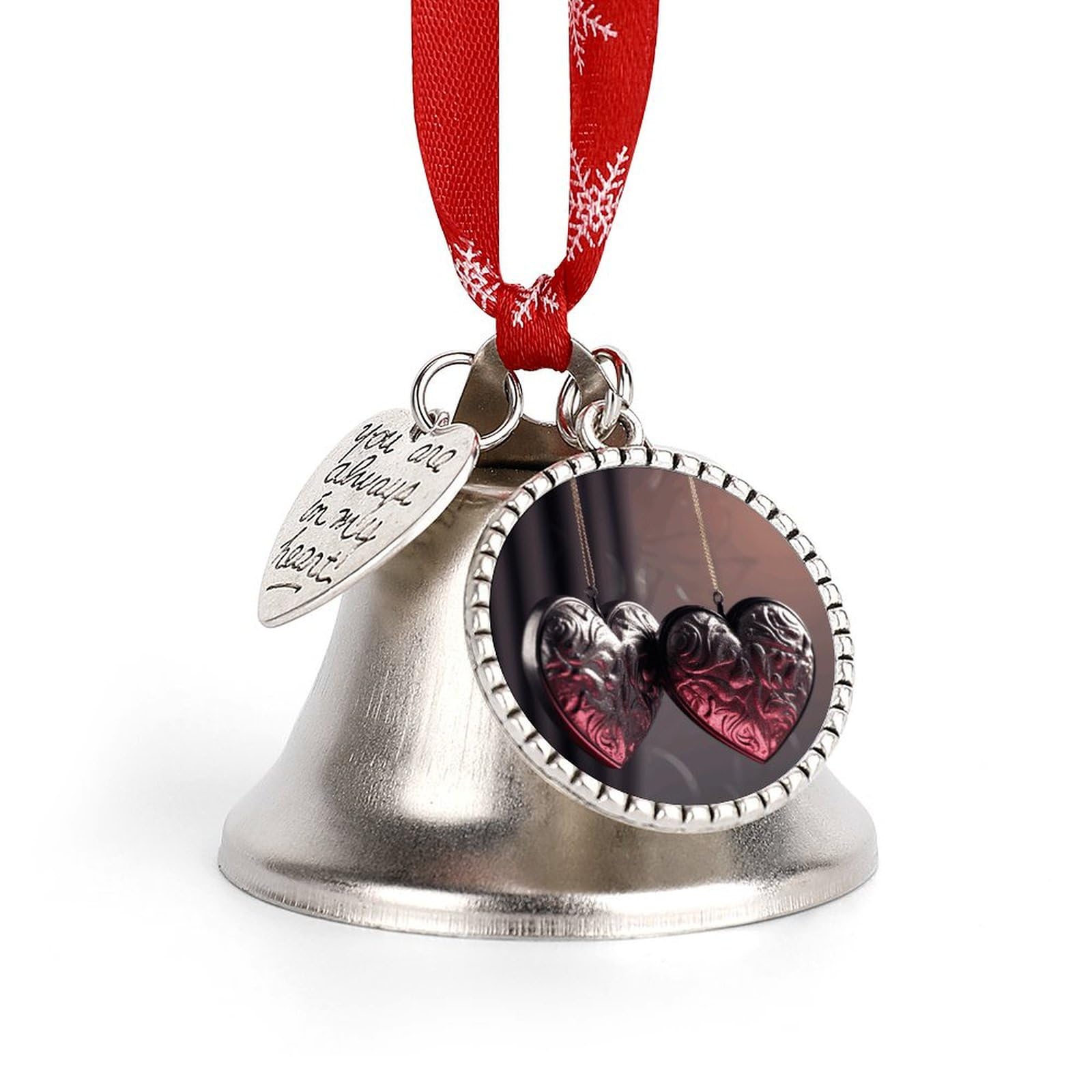 Christmas Bell Heart Shaped Necklace Jingle Bell with Love Pendant Christmas Ornament Metal Vintage Bells Christmas Tree Hanging for Holiday Party Decoration
