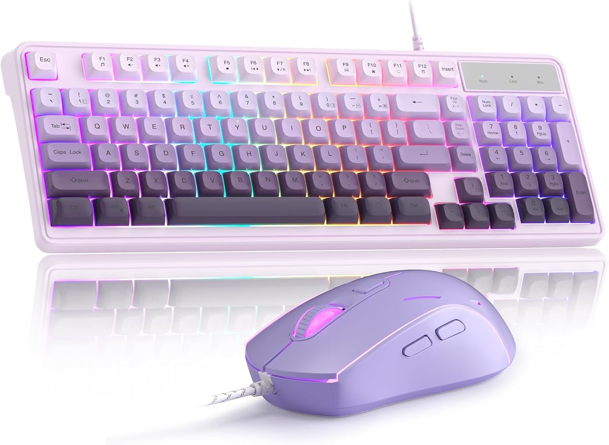 Gradient Purple Creamy Keyboard and Mouse Combo,MageGee GK980 Wired RGB Backlit Keyboard and Gradient Purple Gaming Mouse Combo,PC Keyboard and Adjustable Sensitivity Mouse for PC/loptop/MAC