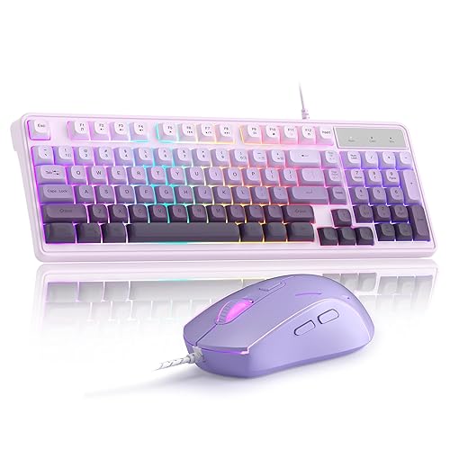 MageGee Gradient Purple Creamy Keyboard and Mouse Combo,MageGee GK980 Wired RGB Backlit Keyboard and Gradient Purple Gaming Mouse Combo,PC Keyboard and Adjustable Sensitivity Mouse for PC/loptop/MAC - White purple