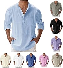 Mens Shirts Casual Cotton Linen Henley Long Sleeve Tee Deep V Neck Button Down Lightweight Beach Vacation Clothes - Buy now