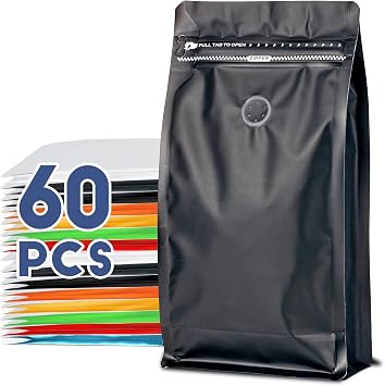 Coffee Bags with Valve60pcs,4 oz,0.25 lb Vented Coffee Beans Packaging Bags High Barrier Aluminumed Foil Flat Bottom Heat Sealed Side Zipper Resealable Storage Bag for Home or Business Black