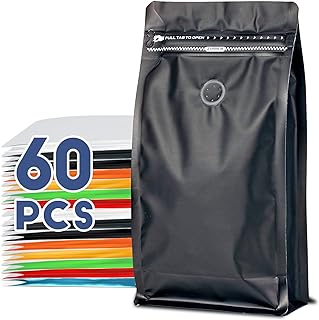 Coffee Bags with Valve(60pcs,16 oz,1 lb) Vented Coffee Beans Packaging Bags High Barrier Aluminumed Foil Flat Bottom Heat Sealed Side Zipper Resealable Storage Bag for Home or Business（Black ）
