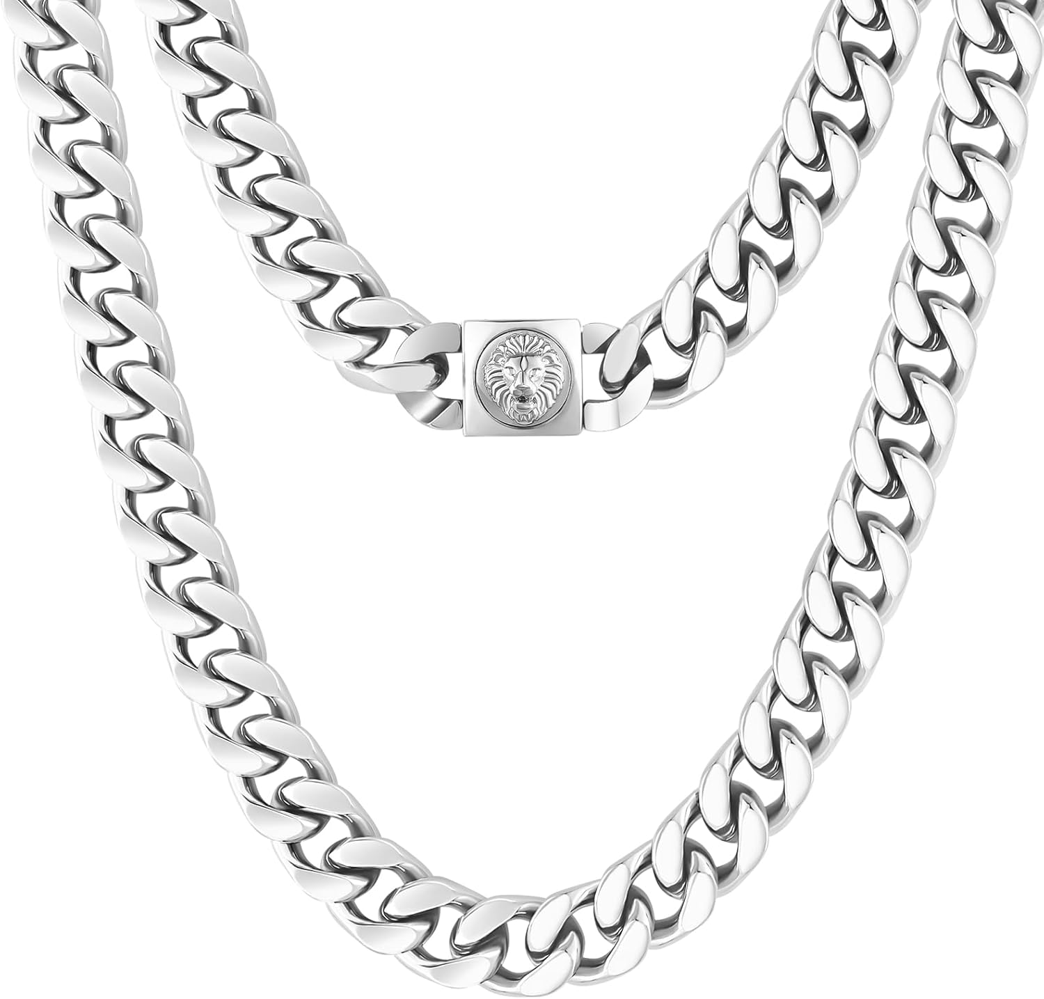 KRKC&CO 12mm Mens Cuban Link Chain For Men, 18k Gold Plated Miami Thick Necklace, Lion, Skulls Square Clasp, Durable Anti-tarnish Urban Street-wear Hip Hop Jewelry for Him Rapper