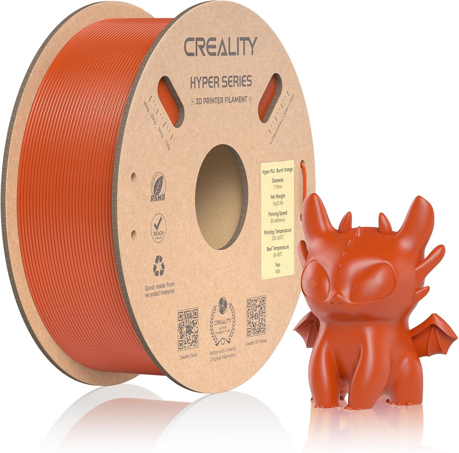 Official CREALITY Hyper PLA Filament 1.75mm, High Speed PLA 30-600mm/s Rapid 3D Printer Filament, Dimensional Accuracy +/-0.02mm, Fit Most FDM 3D Printers, 1KG(2.2lbs) Spool Burnt Orange