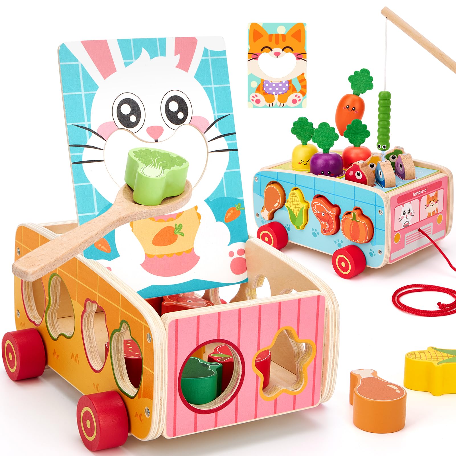 hahaland Juguetes Montessori 1 Año de Madera, 5 en 1 Carrito Educativo con Pesca Magnética y Juego de Alimentación, Regalo Bebé Niño Niña 1-3 Años