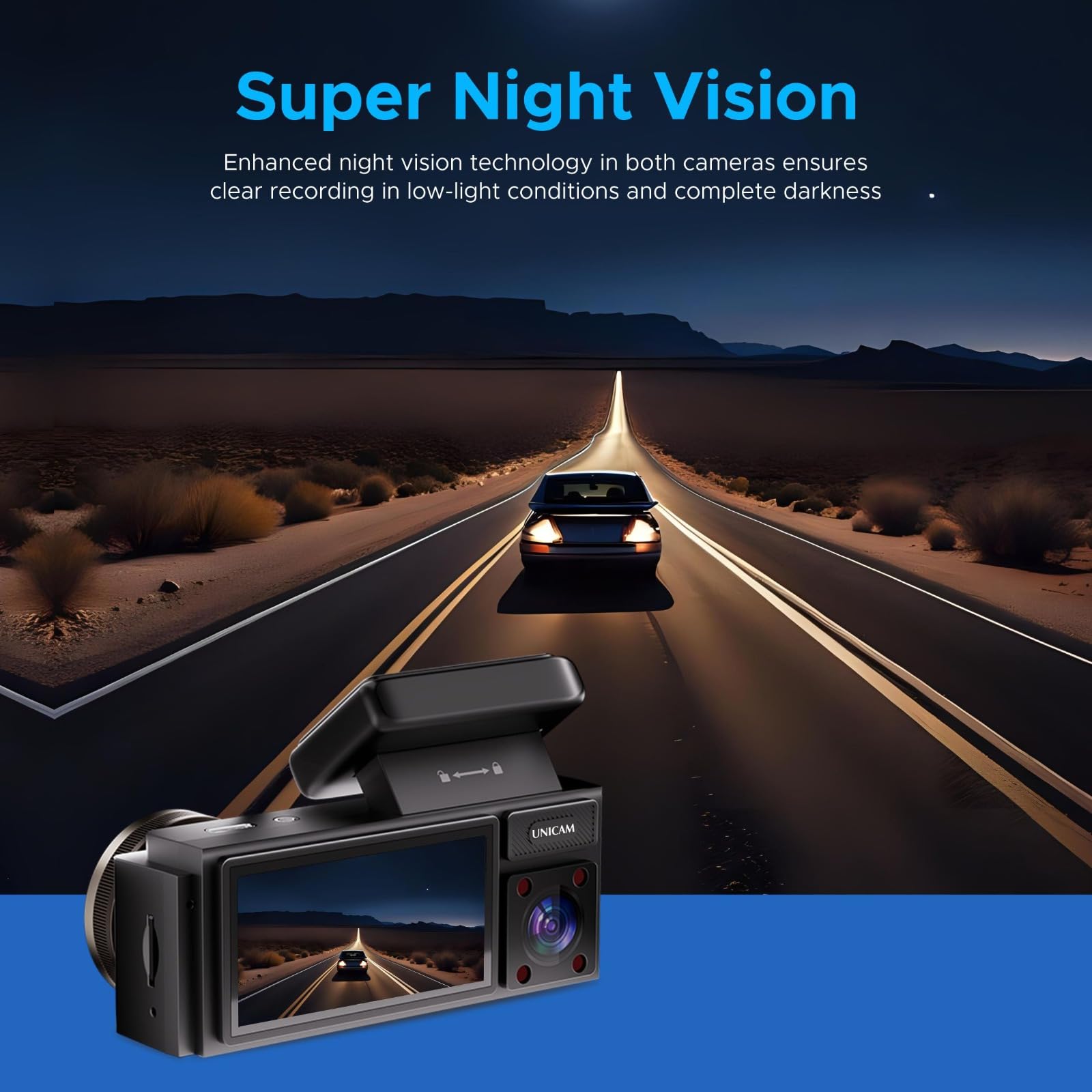 Unicam Dua Dash Cam, 2K Front + FHD Cabin Camera, 150° Wide Angle, 2-inch Screen, Night Vision, WiFi, G-Sensor | Build in Battery 200mAH | Motion Detection 1