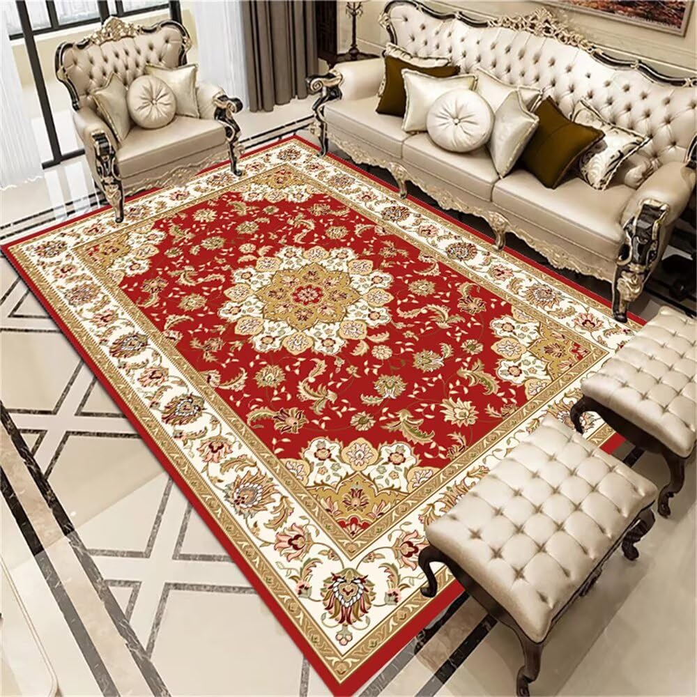Tapis salon poil court 120x200cm rouge floral vintage pour grande entrée