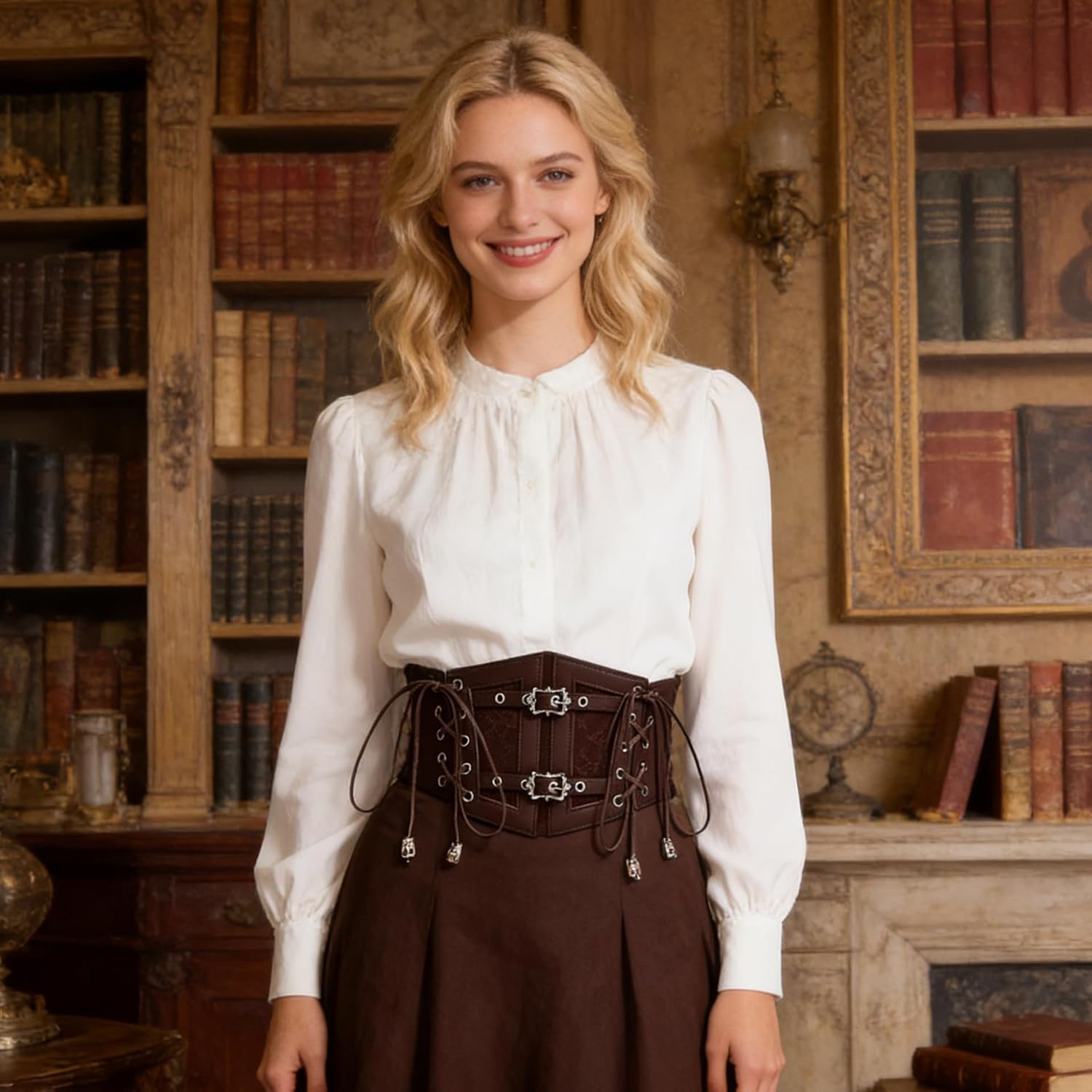 Vintage Faux Leather Corset Belt Sides Lace-up Medieval Renaissance Underbust Wide Elastic Waist Belts for Women - Image 2