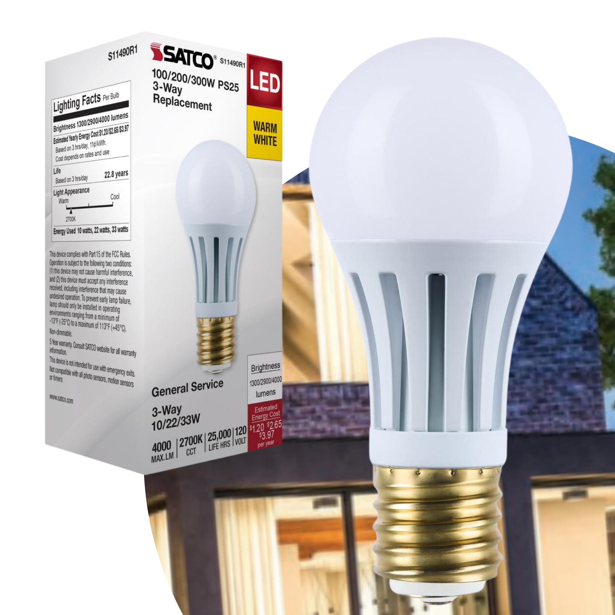 Satco LED ThreeWay Lamp, 10/22/33W, Mogul Base, 2700K, White Finish (1