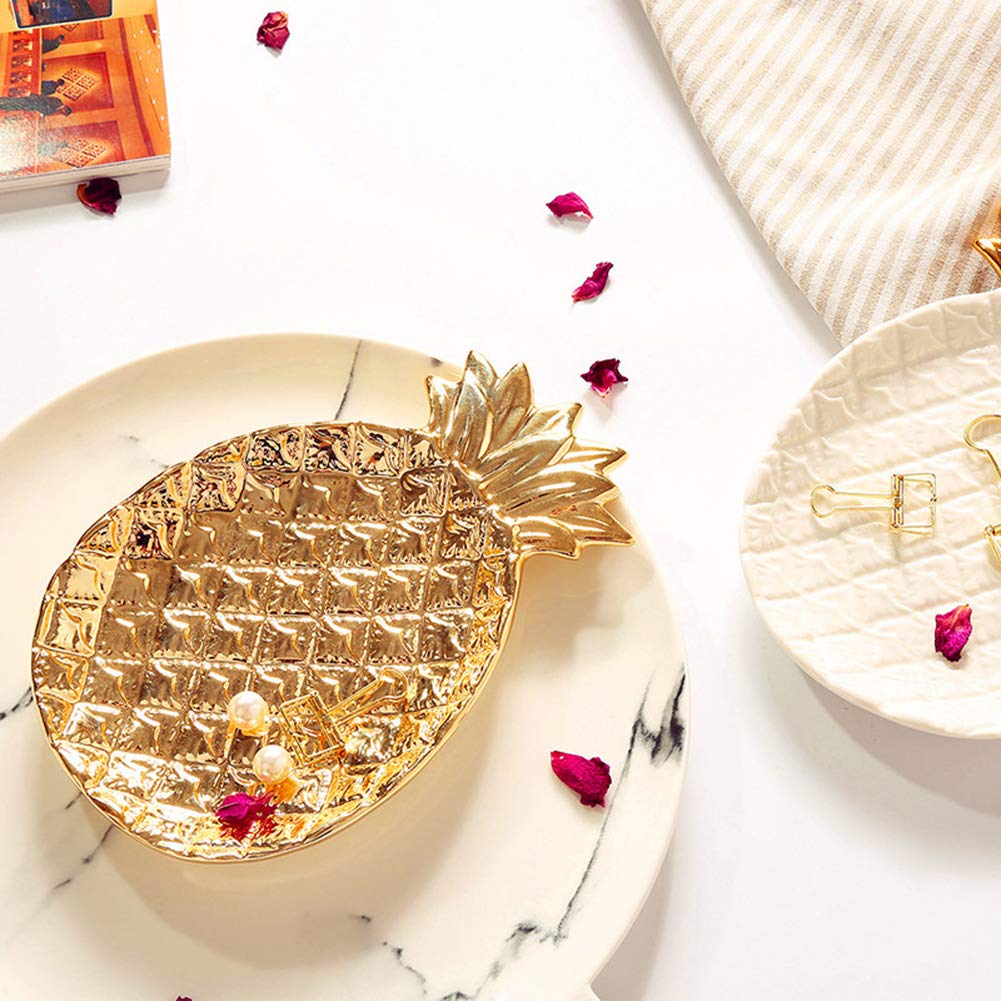 HEKEUOR Pineapple Dish Pineapple Jewelry Dish Ceramic Plate Jewelry Tray Jewelry Holder (Gold)