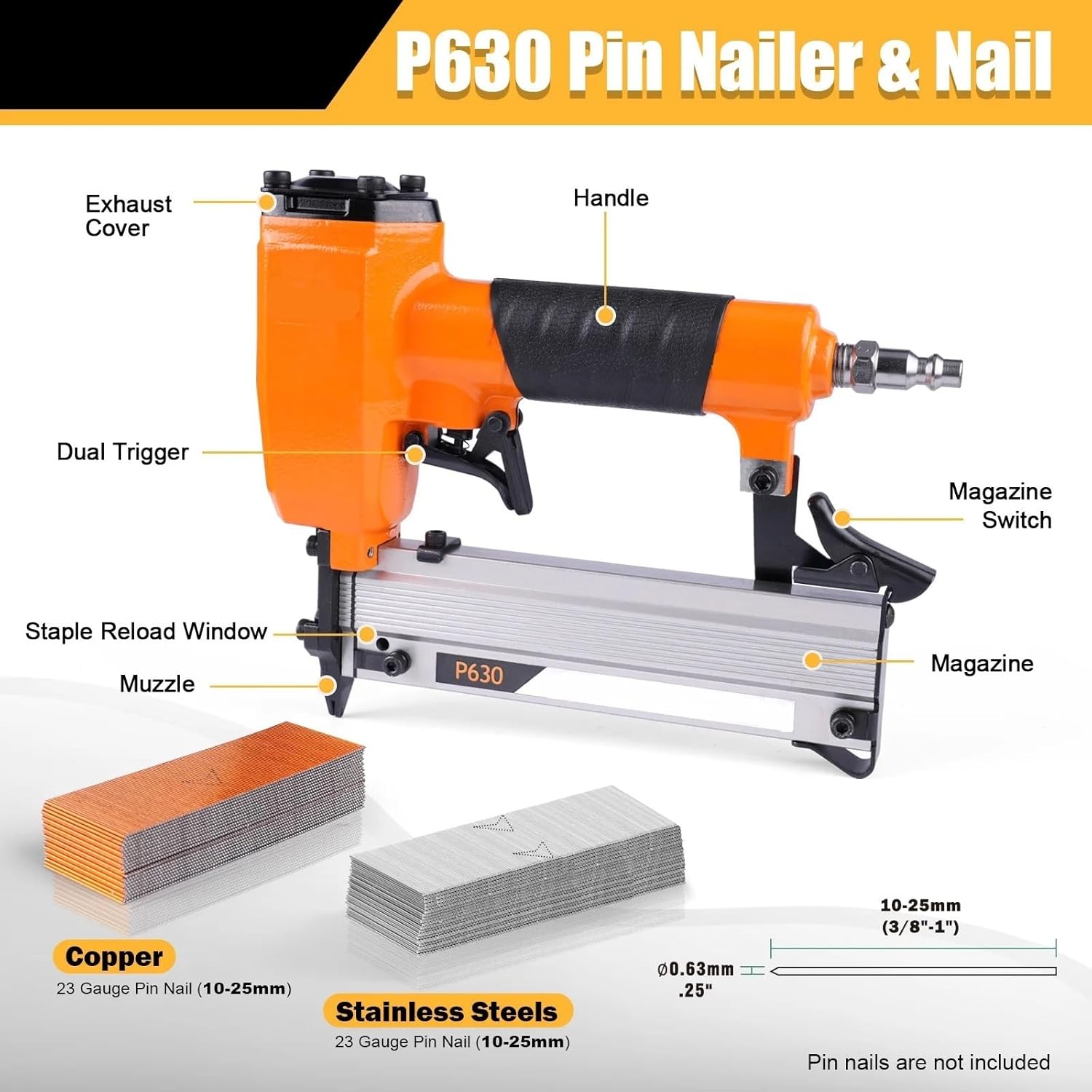 Pneumatic Power Nailer Decorative Tool P630 23 Gauge Pneumatic Nail Gun with Safety Trigger Nails Length from 3/8" to 3/16" Use for Furniture