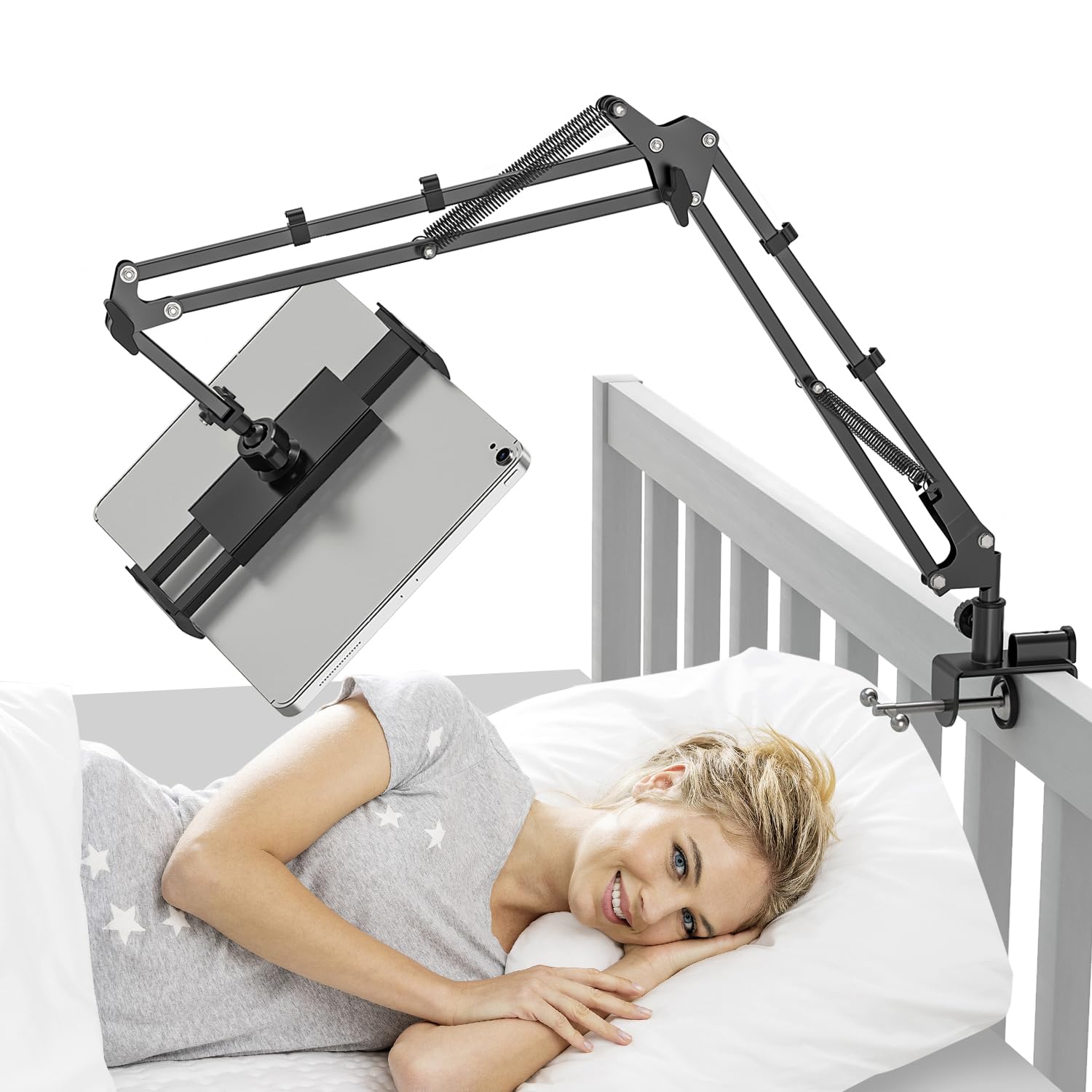 DLS Supporto Da Letto Per Tablet E Cellulare, Bracci Flessibili 360°, Base In Alluminio, Compatibile 4-12,9 Pollici, Per Ospedale E Casa (Nero)