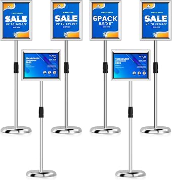 Sign Holder Stand - 8.5 11 inch Standing Display Sign Stand, Adjustable Poster Sign Holder Heavy Duty Pedestal Floor Sign Stand, Snap Open Frame for Vertical & Horizontal View, Silver Silver, 8.5x11 6-Pack