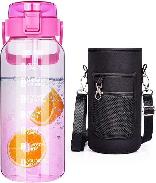 DEARRAY 2l / 2 litre Large Sports Glass Water Bottle with Straw & Carrier Bag 2000 ml Motivational Borosilicate Glass Drinking Bottle with Time Markings (Rose Red)