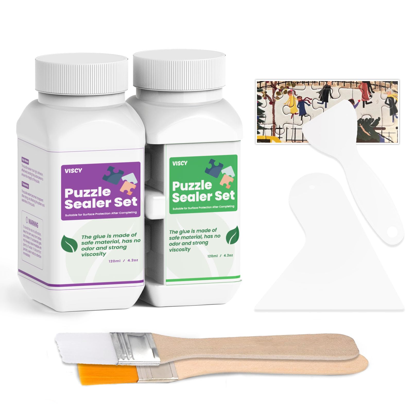 VISCY Puzzle Glue Clear with Applicator, Jigsaw Puzzle Glue, Puzzle Glue Kit, Easy to Apply, Fast Drying, Clear & Bright, Puzzle Saver, 240 ml Glue, 2 Silicone Spatulas & 2 Brushes.