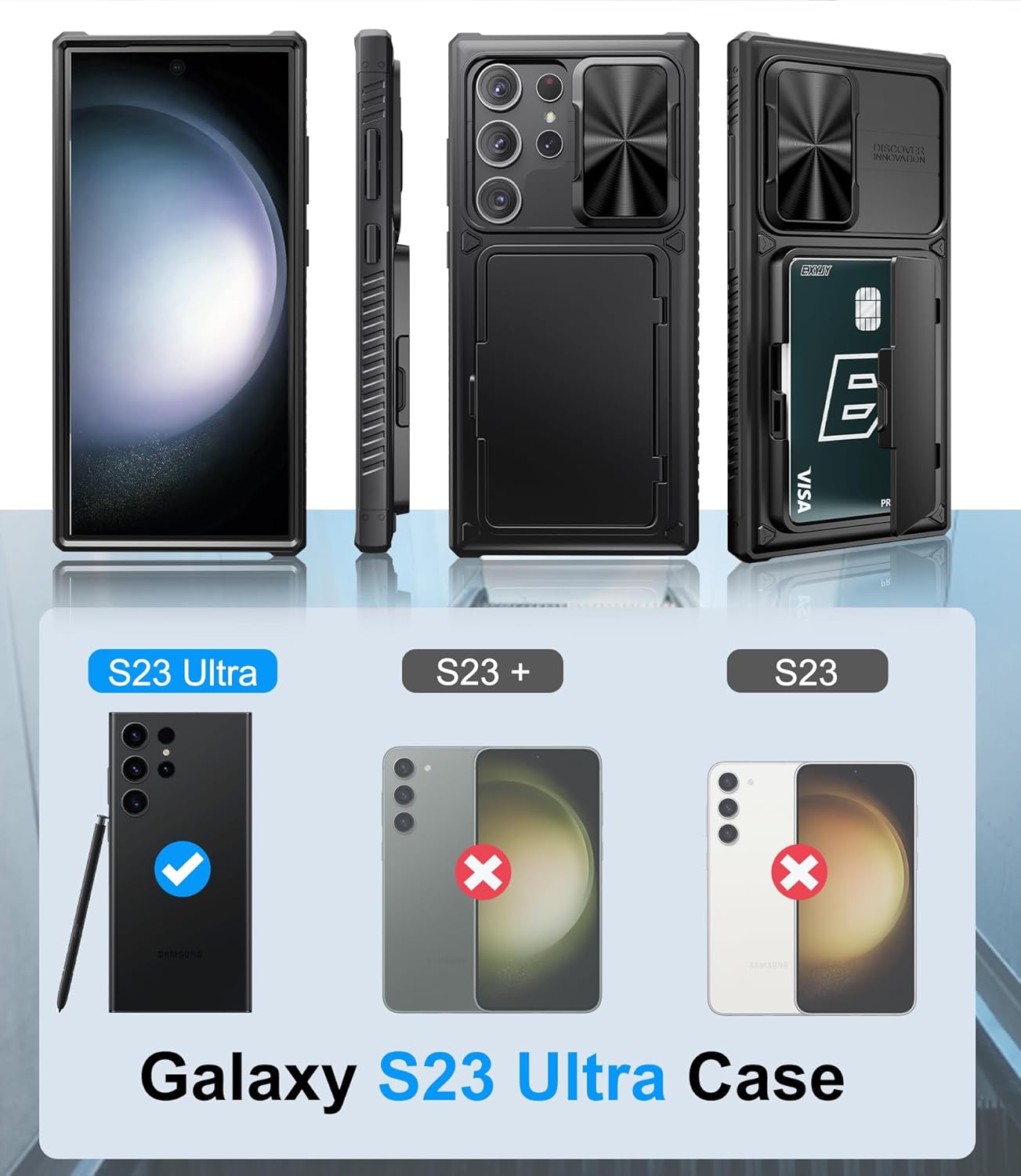 for samsung galaxy s23 ultra case with card holder & kickstand & slide camera protector, military grade drop shockproof silicone wallet phone case cover for galaxy s23 ultra 5g 2023, black black s23 ultra, 6.8"