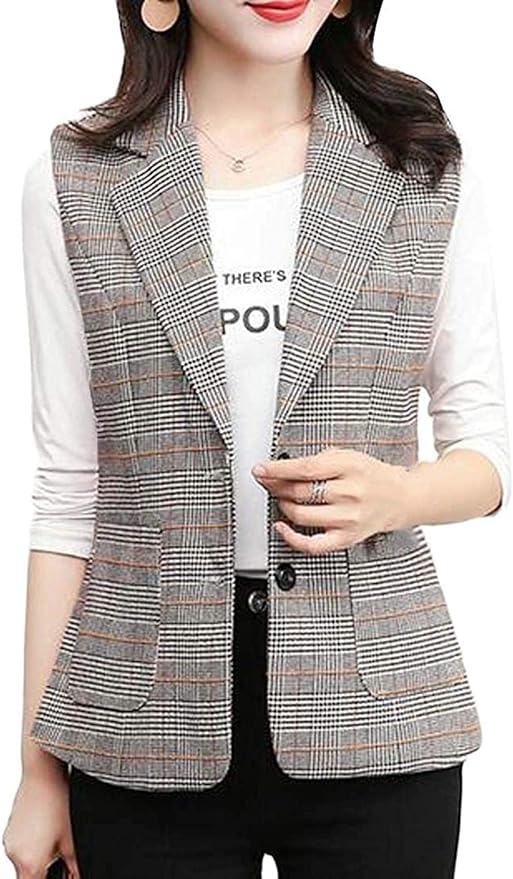 Womens Casual Business Plaid Sleeveless Summer Office Blazer Vest Coat
