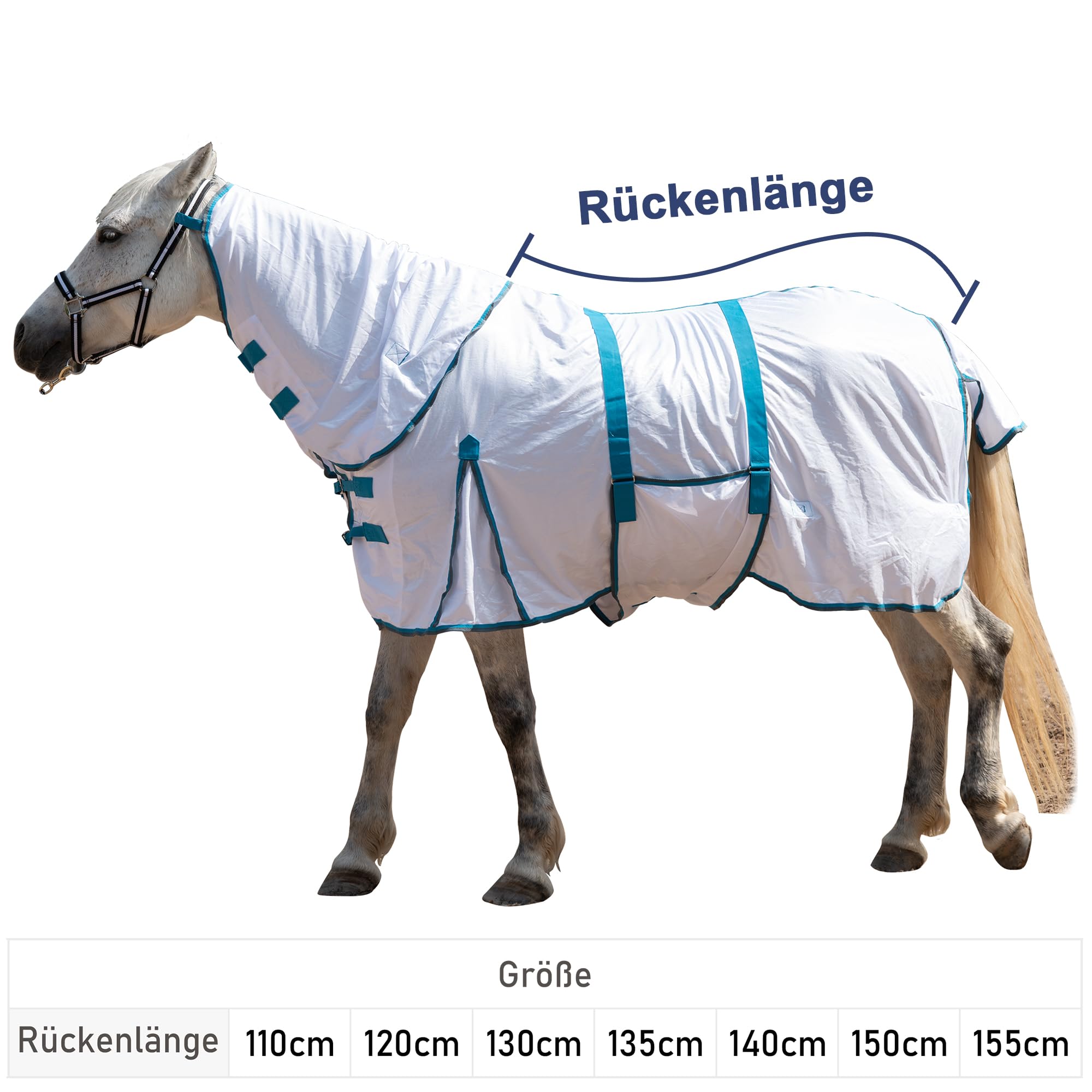 Couverture anti-mouches pour chevaux avec couvre-cou, couverture d'été respirante avec protection UV et protection contre l'abrasion, fermeture de poitrine réglable, sangles ventrales
