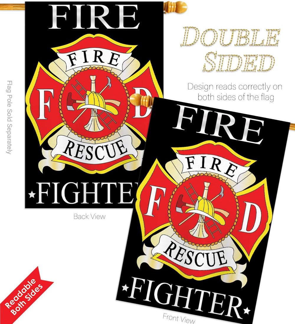HS108022-P2 Fire Fighter Americana Military Applique Decorative Vertical 28" x 40" Double Sided House Flag Set Pole Bracket Hardware
