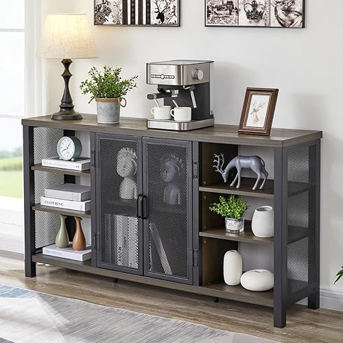 Miniatura 17 de FATORRI - Gabinete industrial de barra de vino para licores y vasos, gabinete de café de madera de granja con estante de vino, aparador de metal y