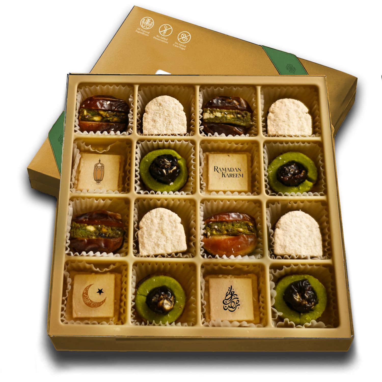 Laumiere Gourmet Fruits - Noor Collection [Ramadan Edition] - Square (16 Pcs) - Halal Dried Fruits and Nuts Basket - Medjool Dates Box - Hamper - Ramzan Festive Celebrations - No Added Sugar