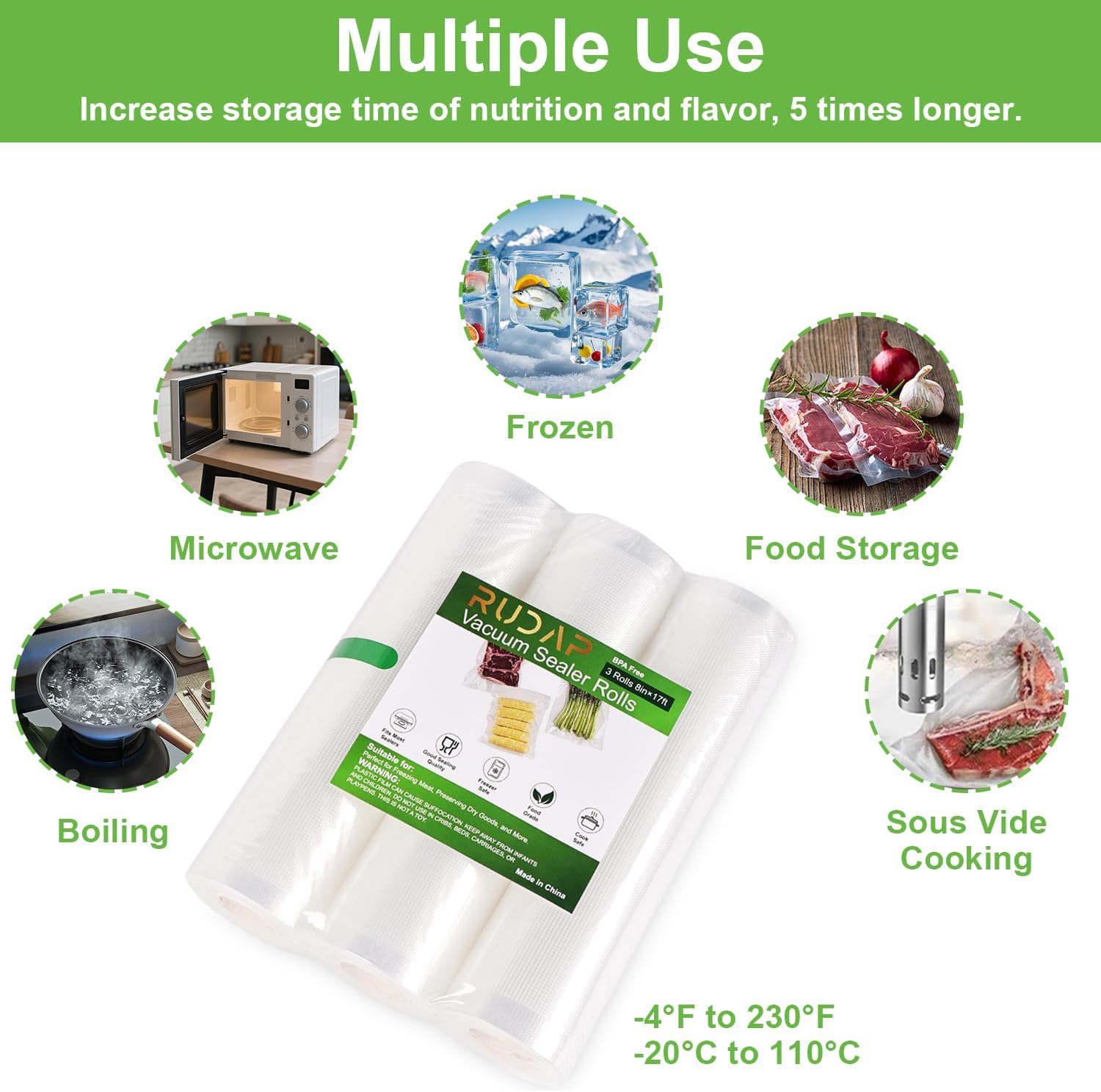 Vacuum Sealer Bags 3 Rolls 8″x16′ for Food Saver, Seal a Meal, Commercial Grade, BPA Free, Heavy Duty, Great for vac storage, Meal Prep or Sous Vide